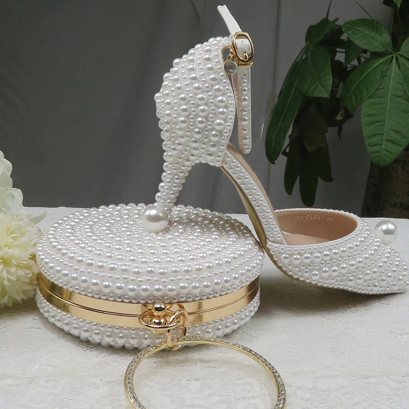 BaoYaFang White Pearl women wedding shoes And Bags Bride High heels shoes ladies party dress shoes woman Sweet Fashion Pumps