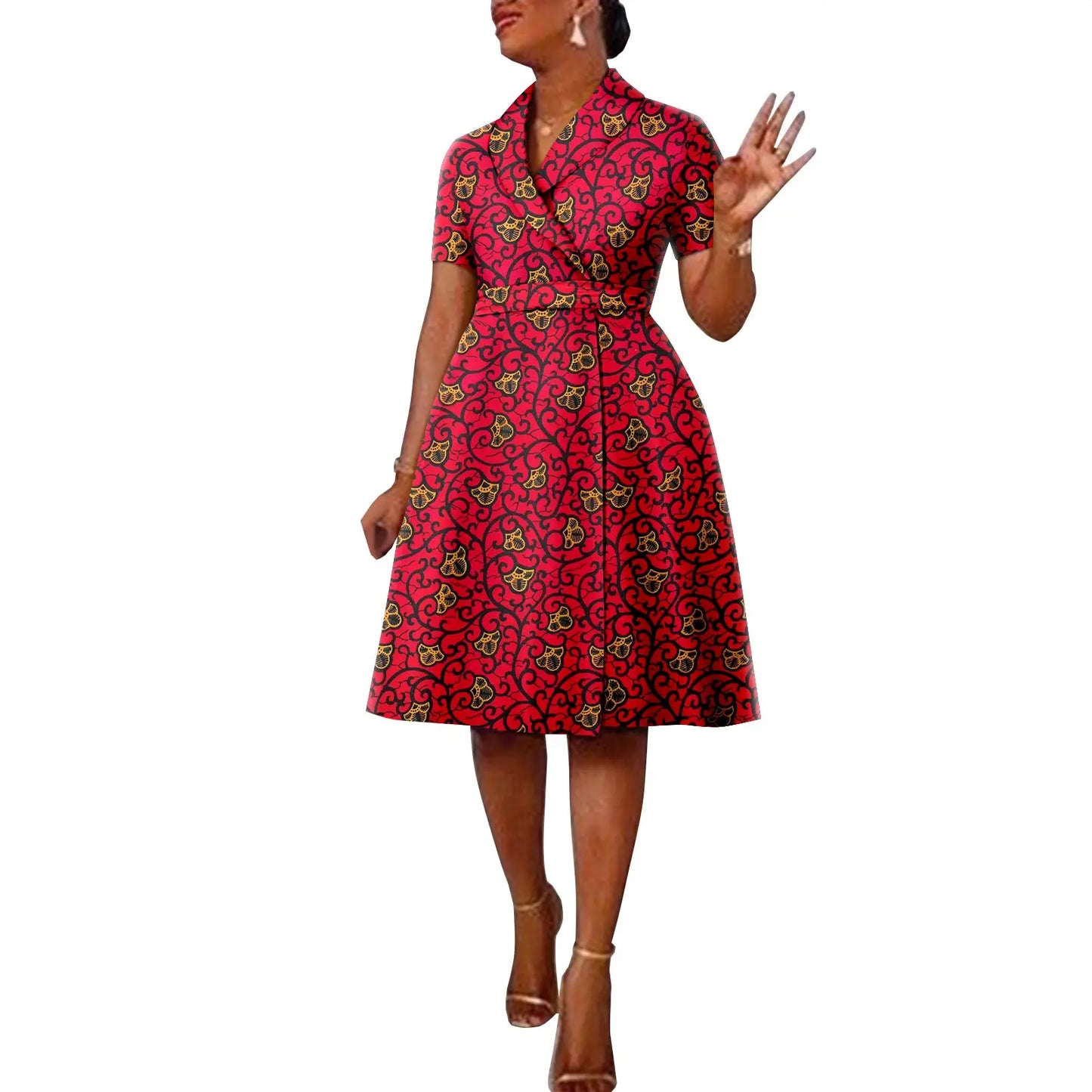 African Ankara Printed Casual Style Short Sleeve Women's Cotton Belt Lapel Padded Shoulder Suit Dress, A2225140