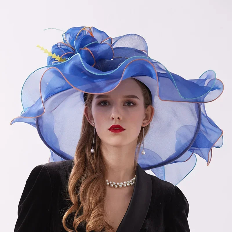 Fashion Big Bow Wide Brim Hat Women Hats for Wedding Church Dress Organza Fedora Foldable Lady Hat Sun Hats