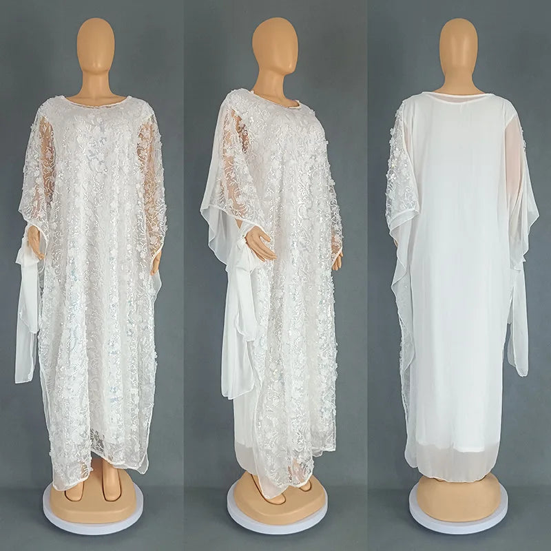 3PCS African Dresses for Women Muslim Sequins Flower Abaya Kaftan Moroccan Caftan Dashiki Robe Ankara Traditional Boubou Dress
