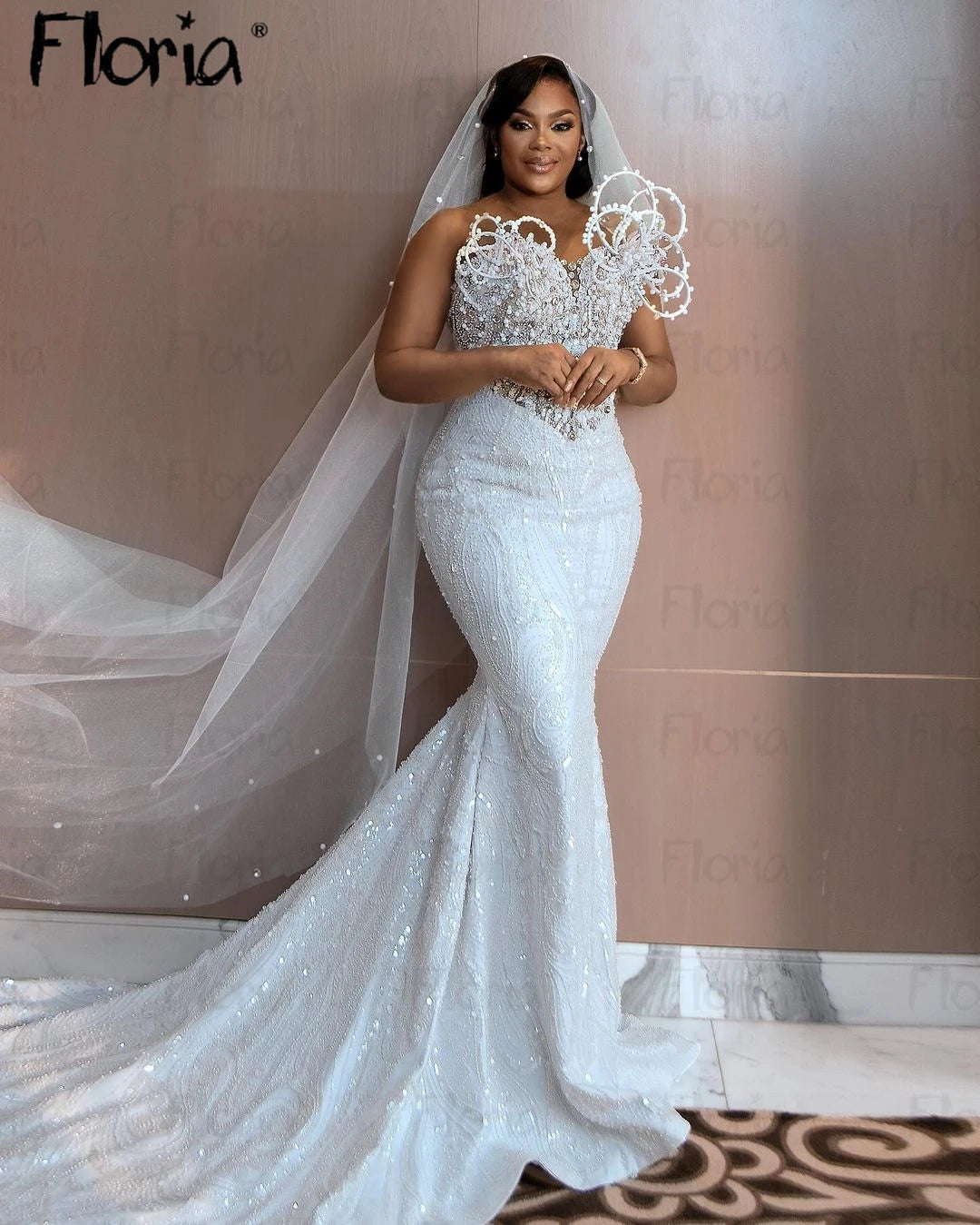Modern White Mermaid Bridal Gowns Fashion Pearls Wedding Dress Long Train Bridal Dress Luxury Dubai Wedding Gowsn Customize