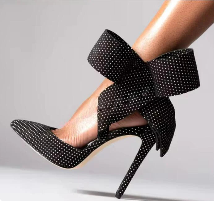 Polka Dot Bow Pumps Red Mesh Pointed Toe Stiletto Heels Side Butterfly Knot Sandals Women Evening Party Shoes Zapatos Mujere