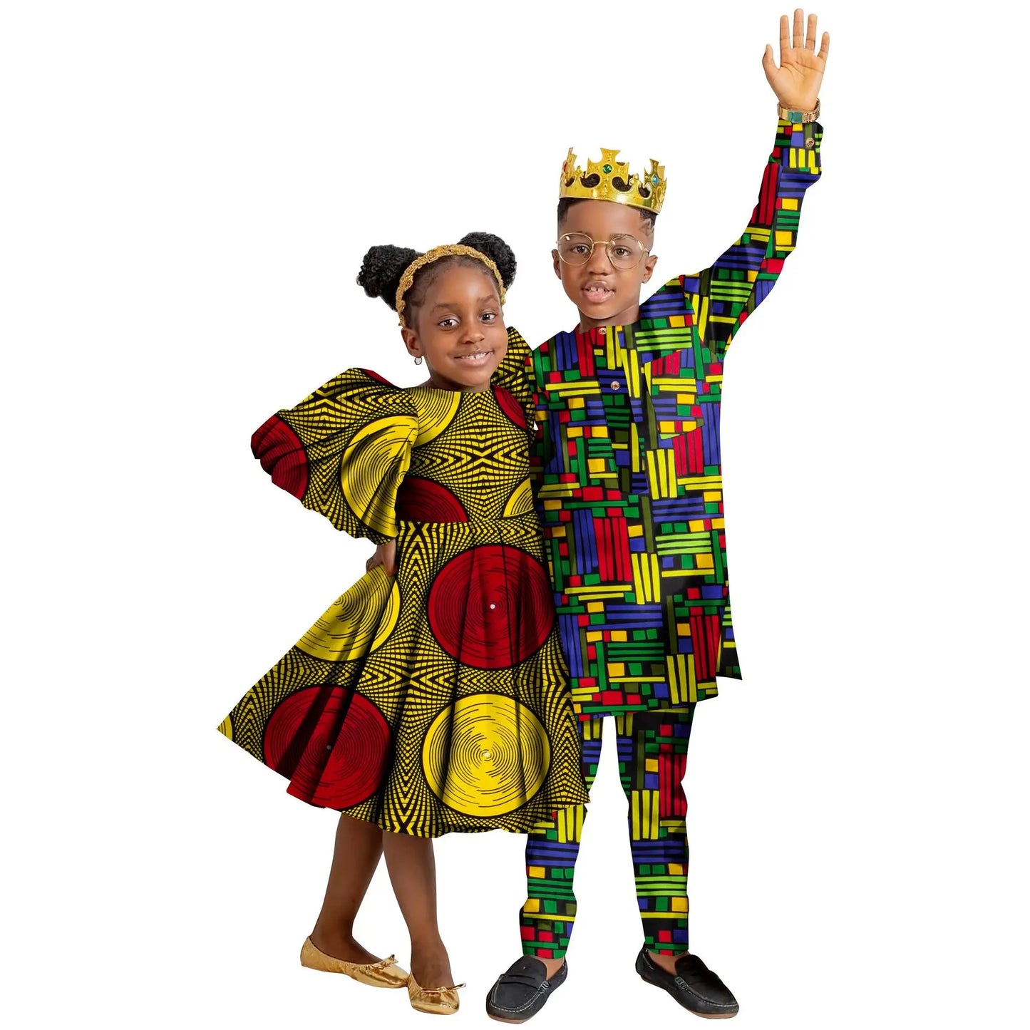 Wedding African Family Matching Outfits for Kids Sister Brother Girls Dress and Boys Pants Set Children Ankara Print Clothing