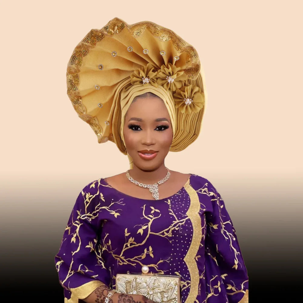 Beaded Turban Cap for Women African Wedding Headwear Auto Gele Aso Oke Headties Hijab Bonnet Head Wrap Hat Nigeria Headgear