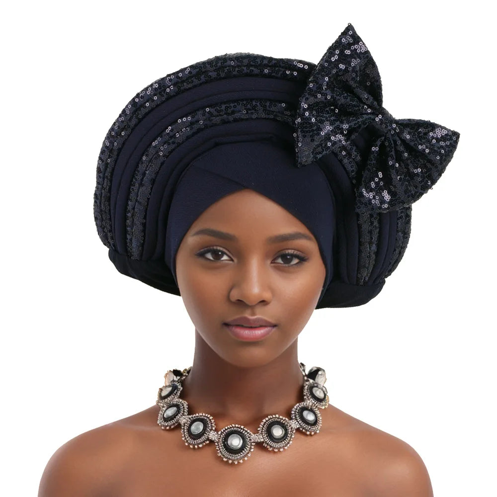 Nigeria Bowknot Turban Cap for Women 2025 New African Auto Gele Headtie Aso Oke Bonnet Hijab Headscarf Sequin Head Wrap Headgear