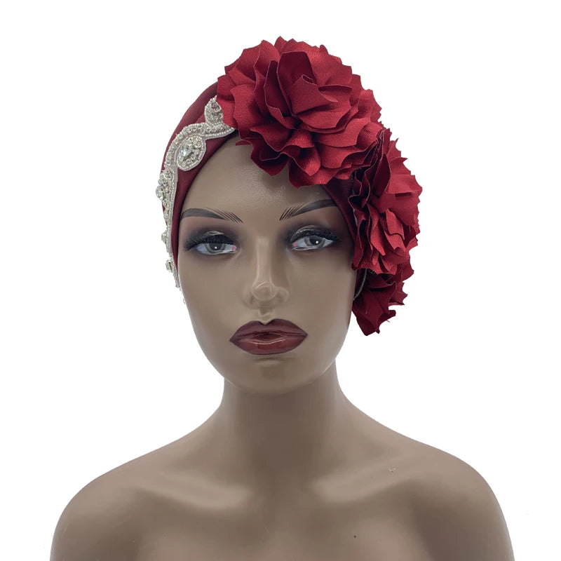 2023 Rhinestones Turban Hat with Side Satin Ruffles Women's Wrap Head Beanies Muslim Headscarf Bonnet African autogele Headtie