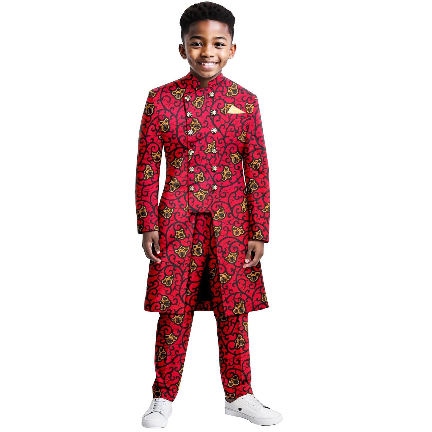Boys Suits Wedding Tuxedo African Print Ankara Pure Cotton Jacket Pants 2 Piece Set Formal Party Fashion Dress Kids Blazer