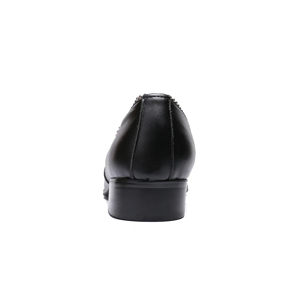 Classic Black Real Leather Men Office Casual Shoes Metal Pointed Toe Fashion Men Business Party Flat Shoes Suit Shoes Plus Size