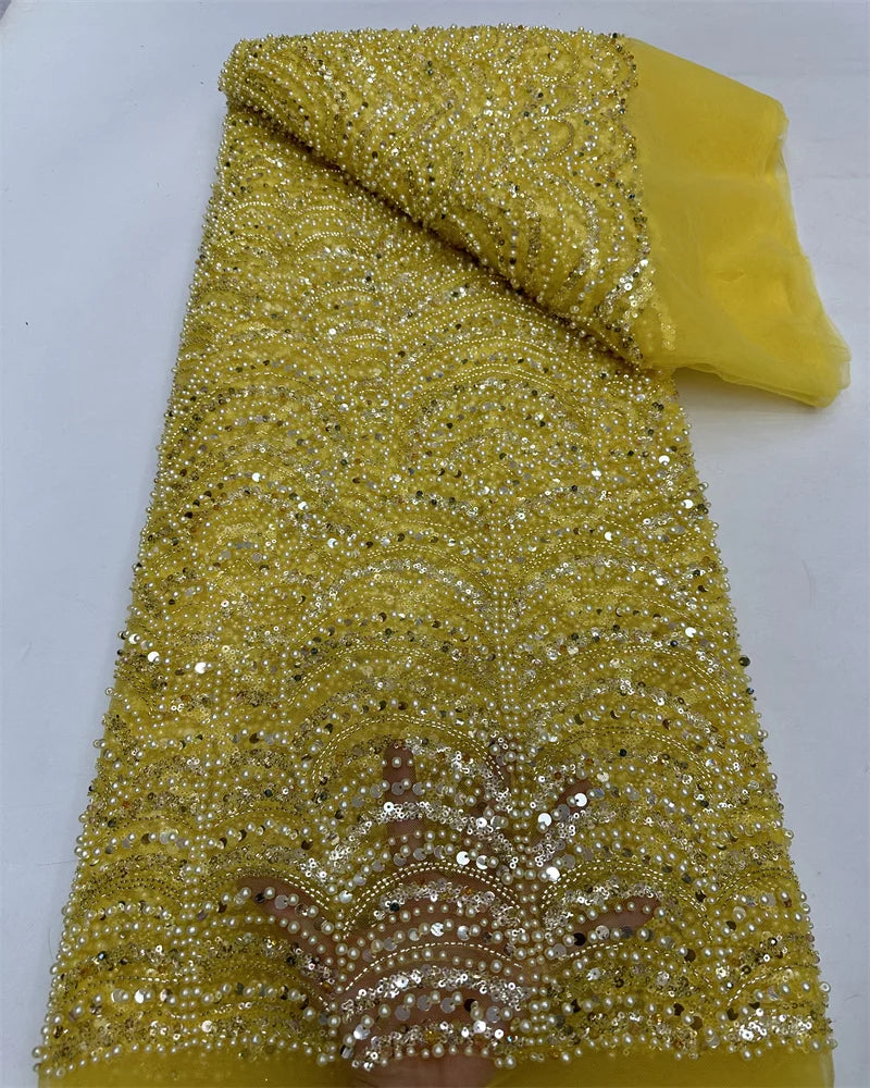 Latest Pink African Sequins Lace Fabric High Quality Lace Embroidery Beaded Mesh Fabric 5 Yards For Wedding Party Dress