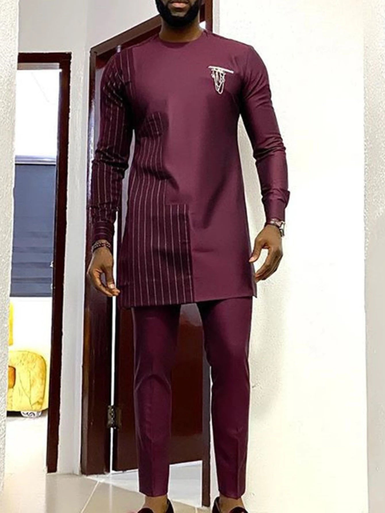 Africa Men Two Piece Suit Stripe Printed Long Sleeve Round Collar African Traditional Top Shirt Pants Casual Gentleman Outfits