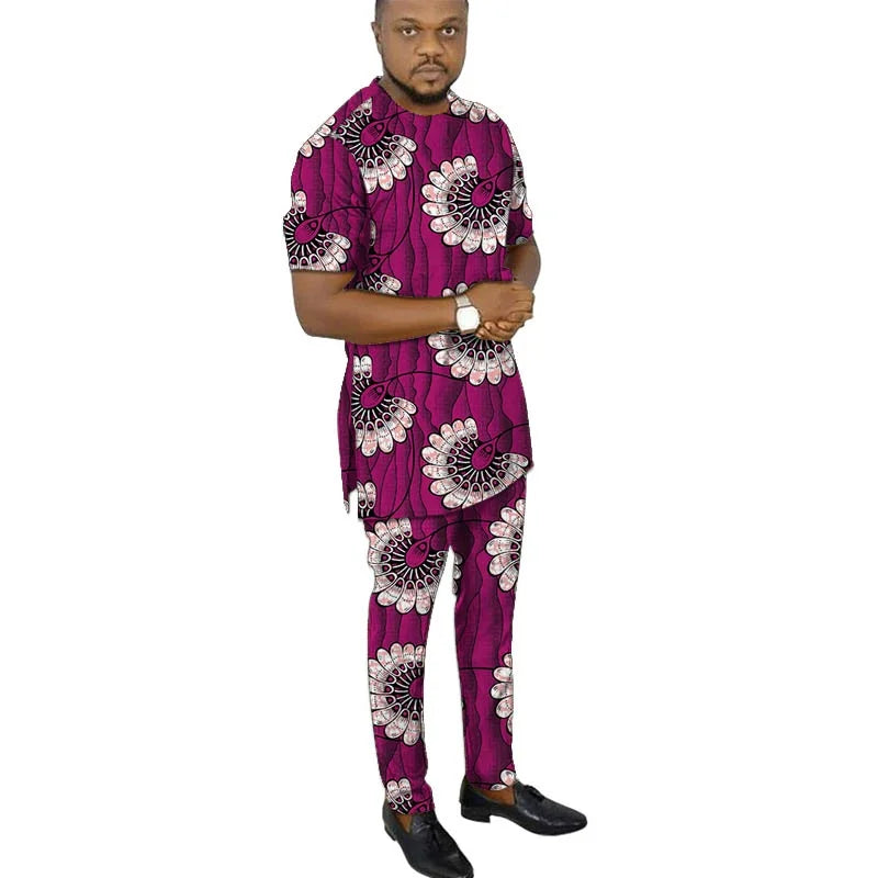 African Fashion Men's Set Outfits Short Sleeve Tops Patch Trousers Nigerian Print Male Pant Suits Party Wear Customized