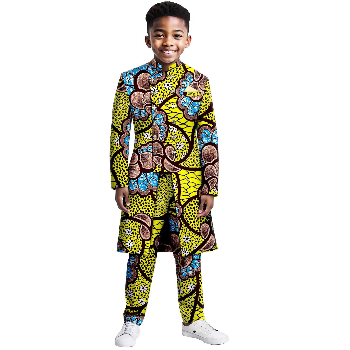Boys Suits Wedding Tuxedo African Print Ankara Pure Cotton Jacket Pants 2 Piece Set Formal Party Fashion Dress Kids Blazer