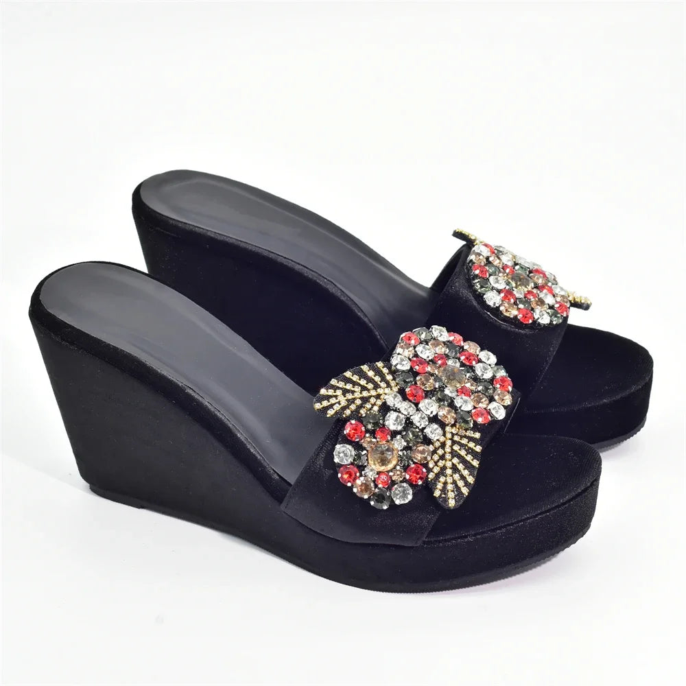 Nigerian Women's Party High Heel Pumps Elegant Rhinestone Design Wedges Shoes for Women Wedding Ladies Platform Shoes