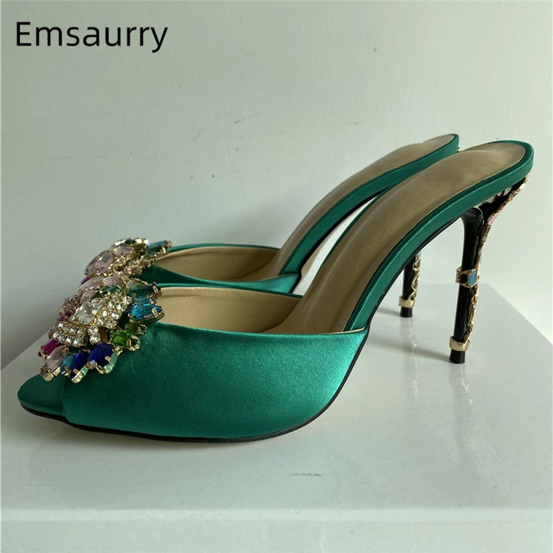 Novelty Petal Decor Stiletto Heel Sandals Women Luxury Satin Open Toe Slingbacks Colorful Rhinestone Flower Party Shoes Summer