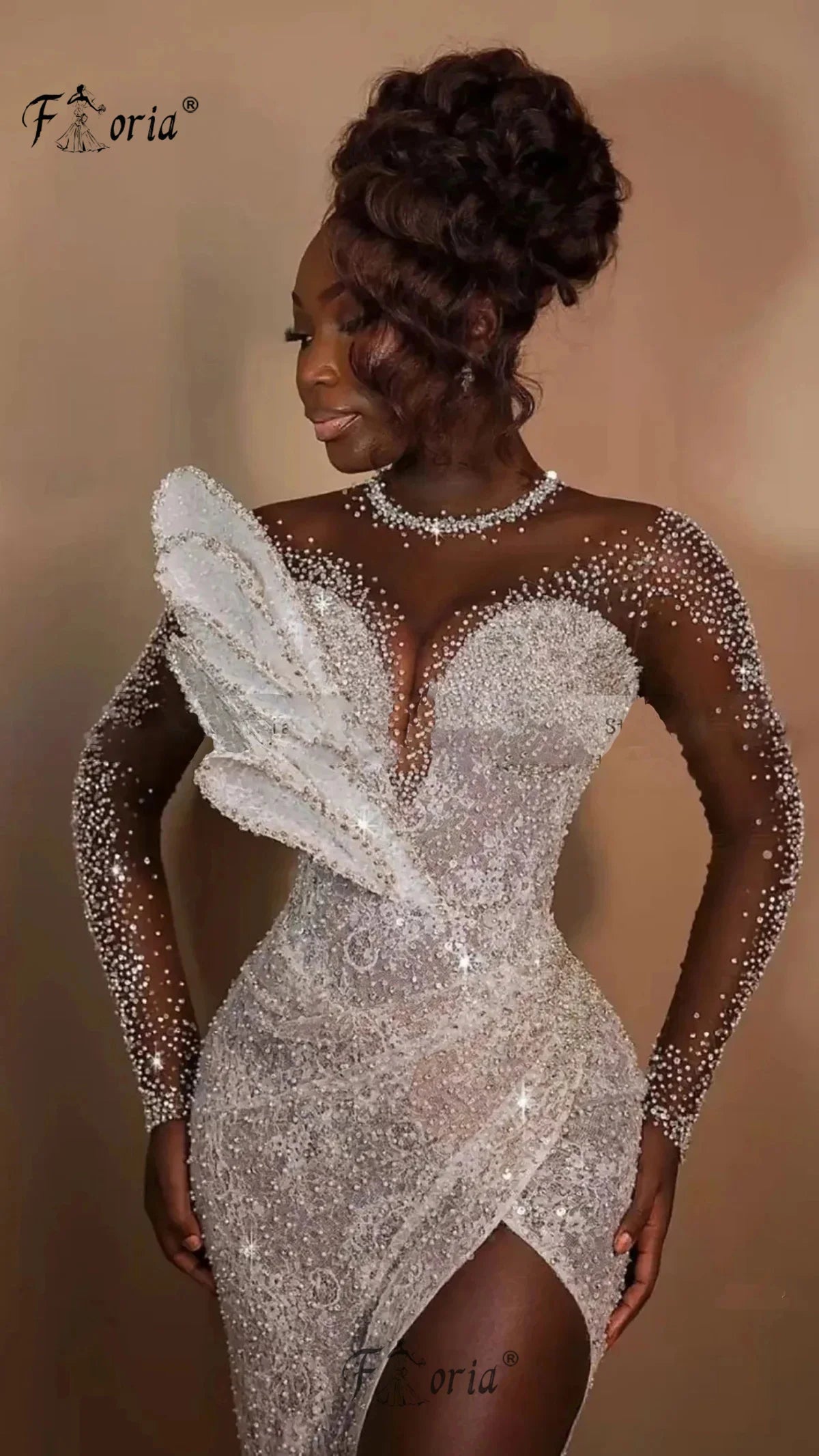 Elegant White Mermaid Wedding Dress with Long Detachable Train Heavy Beads Leaf Evening Party Gown Celebrity Occasion Dresses