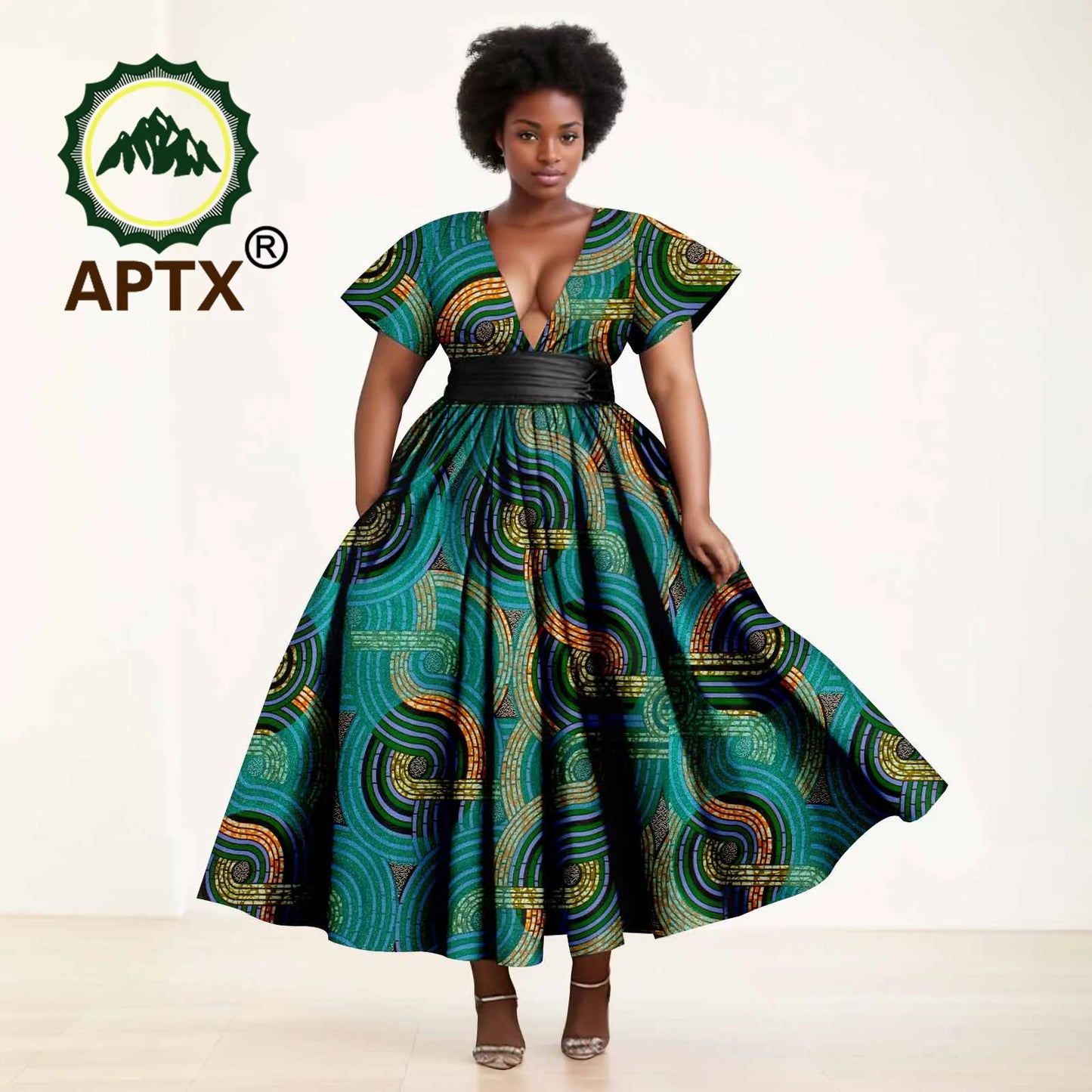 African Dresses Women's Ankara Printed Short Sleeve V-Neck With Belt And Ankle Dress Dashiki Casual Party Wedding Dresses