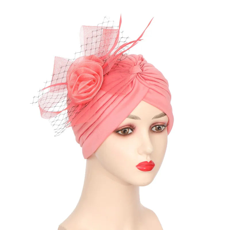 Big Flower Muslim Women Indain Hat Scarf Caps Chemo Turban Islamic Head Cover Party Evening Bonnet Pleated Vintage Elegant Hat