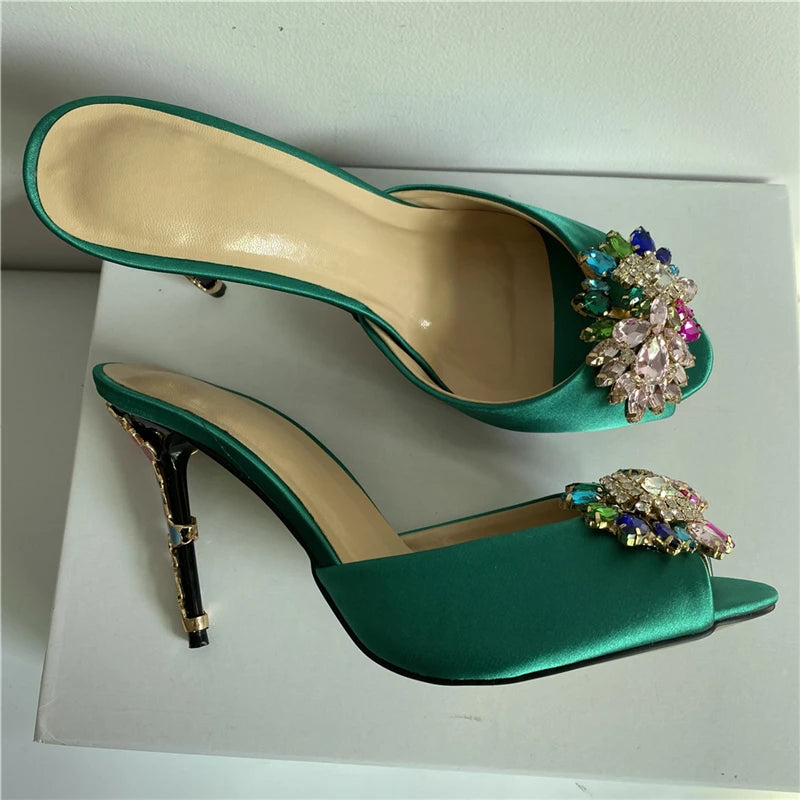 Novelty Petal Decor Stiletto Heel Sandals Women Luxury Satin Open Toe Slingbacks Colorful Rhinestone Flower Party Shoes Summer