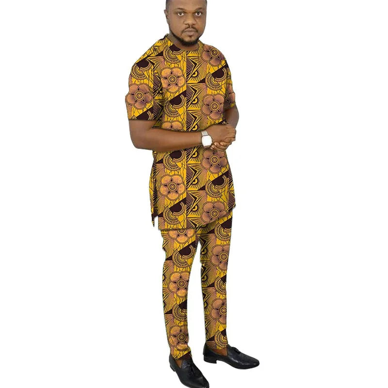 African Fashion Men's Set Outfits Short Sleeve Tops Patch Trousers Nigerian Print Male Pant Suits Party Wear Customized