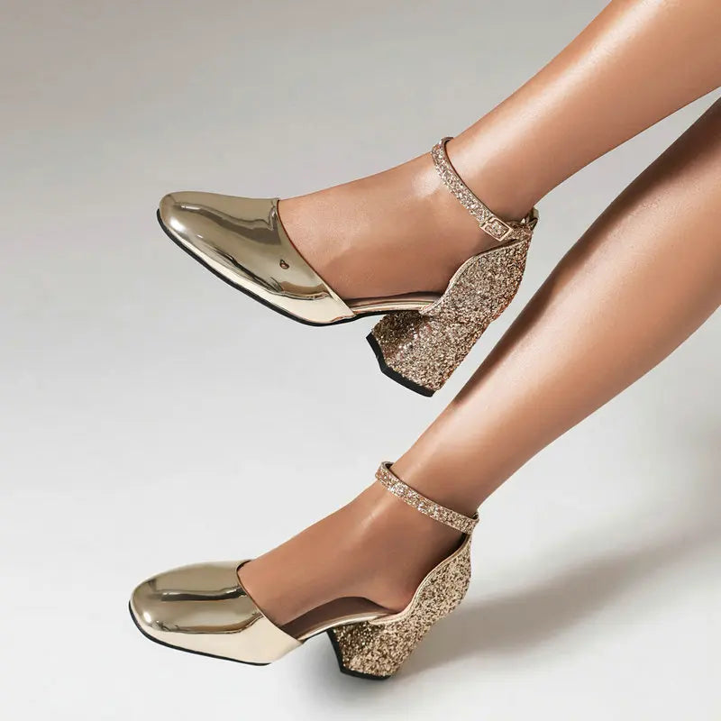 Gold Silver Glitter Sequined Bling Party Women's Bride Shoes Closed Toe Mary Janes Big Size 13 47 48 Chunky Square Heels Sandals