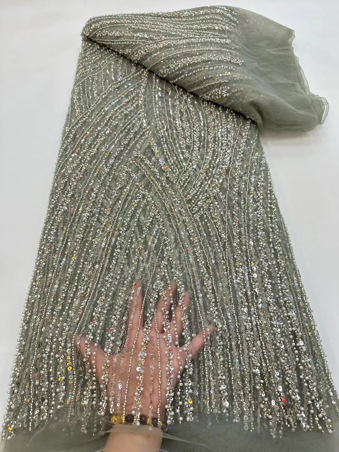Luxurious African Groom Sequins Lace Fabric High Quality 2023 French Embroidery Heavy Beaded For Nigerian Wedding Party Dress