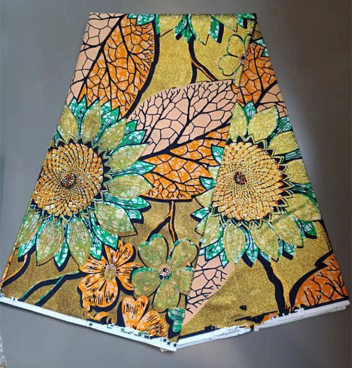 New Fashion African Grand Super Batik Flash Gold Print Fabric Ankara Wax Fabric 6 yards Soft Real African Golden Fabric