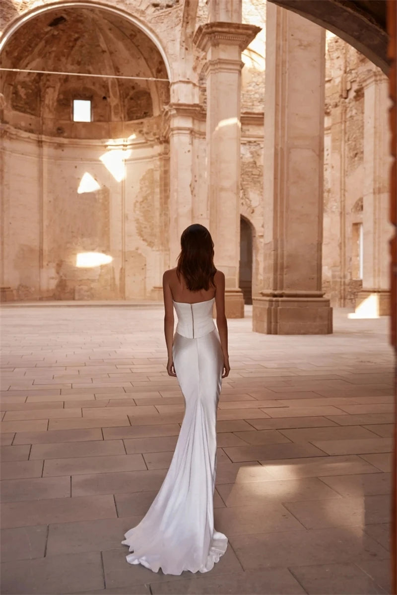 Simple White Satin Mermaid Wedding Dresses Women Customized Strapless Bridal Dress Long Sleeveless Vestido Bespoke Bride Gown