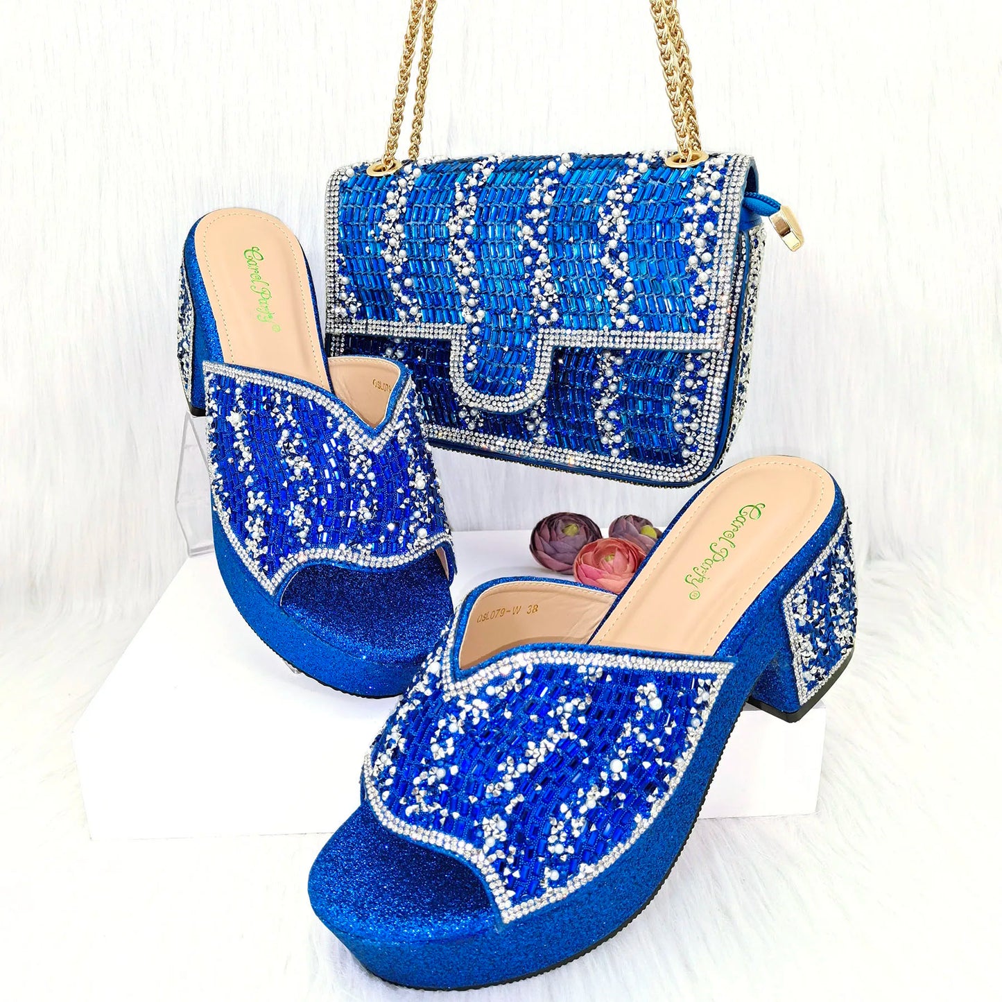 QSGFC Nigerian Peach High Heels Paired With Square Bag Rhinestone Studded Sequin Women's Sandals Are Suitable For Daily Parties