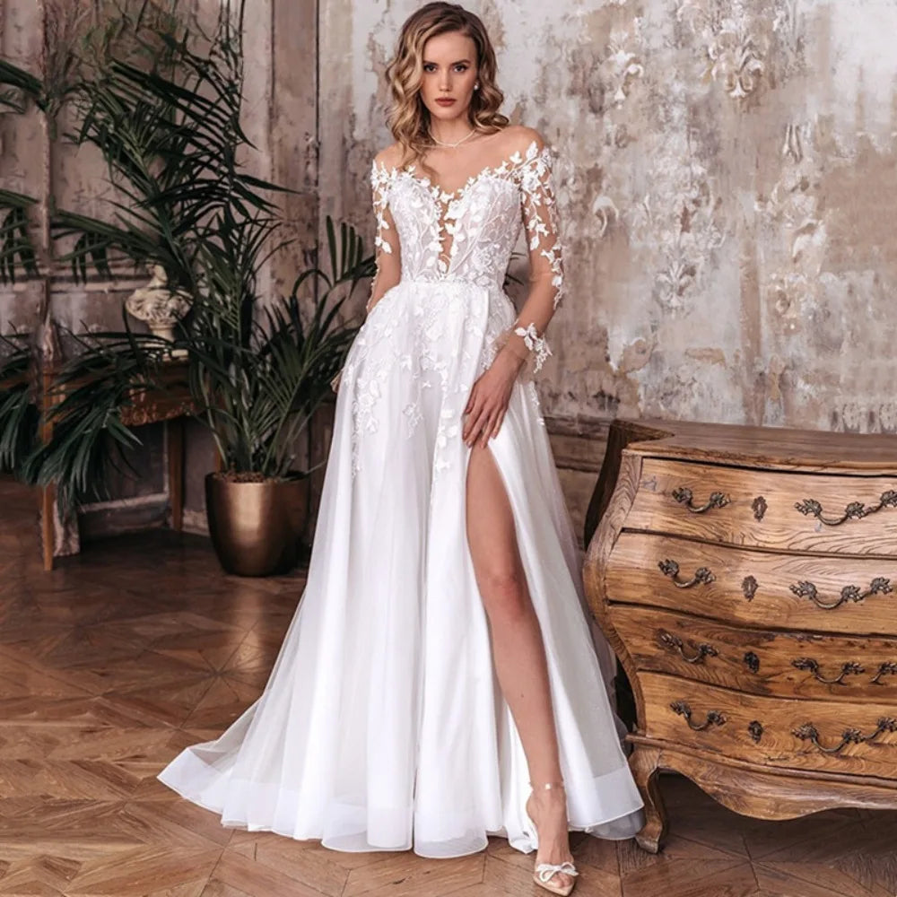 Boho Sheer O-Neck Wedding Dress Long Sleeve Split Lace Appliques Tulle Zipper Bridal Gowns A-Line Vestidos De Noiva