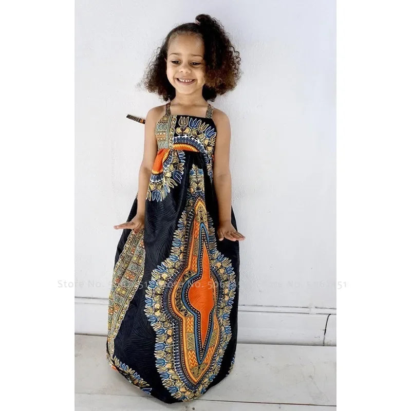 Kids Girls African Bohemian Sleeveless Long Print Bazin Dress Children Ankara Danshiki Carnival Party Stage Performance Costumes