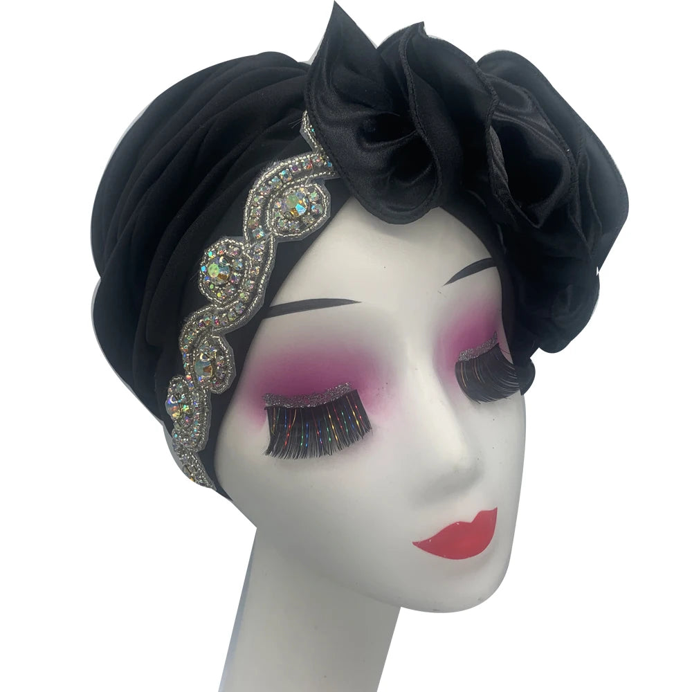 2023 Rhinestones Turban Hat with Side Satin Ruffles Women's Wrap Head Beanies Muslim Headscarf Bonnet African autogele Headtie