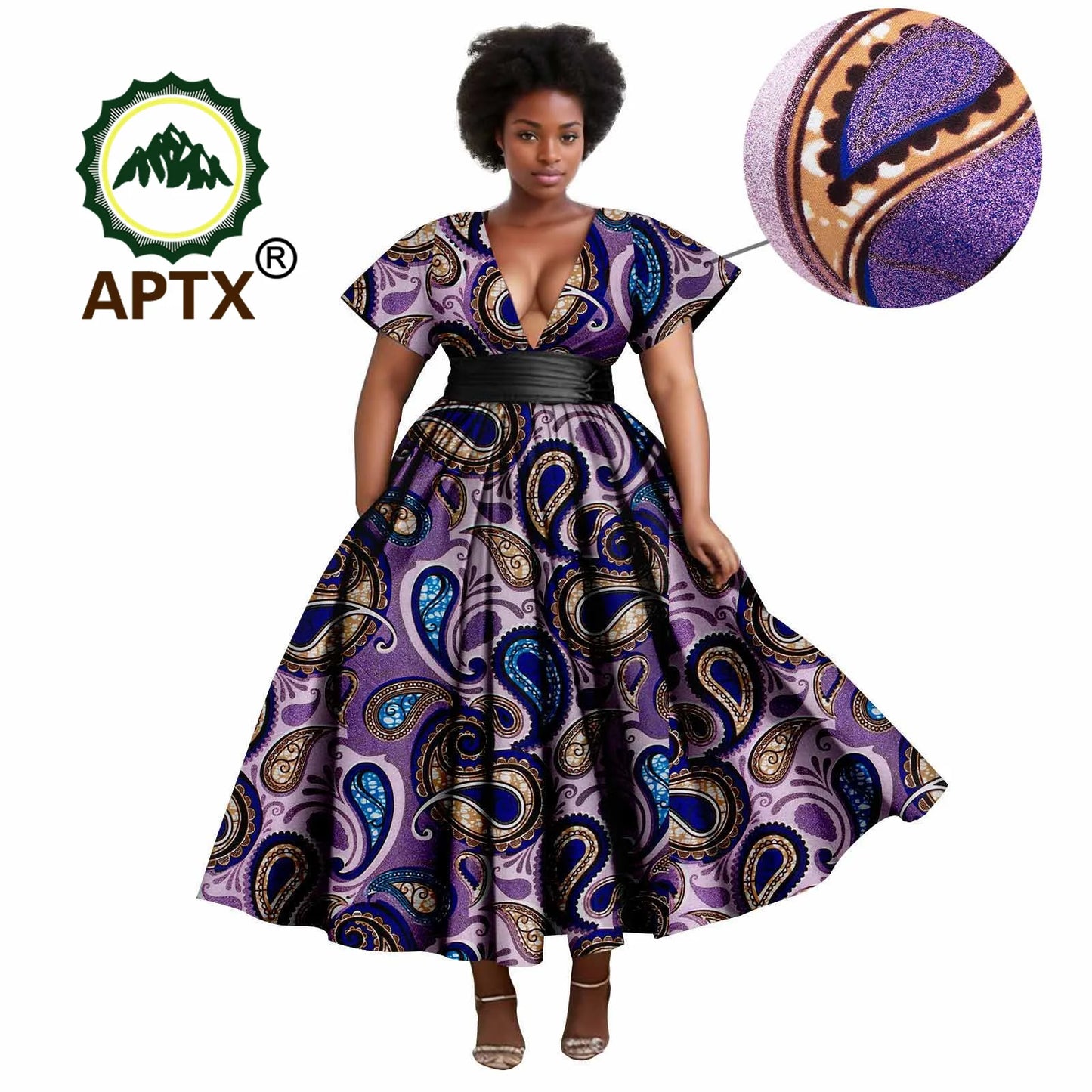 African Dresses Women's Ankara Printed Short Sleeve V-Neck With Belt And Ankle Dress Dashiki Casual Party Wedding Dresses