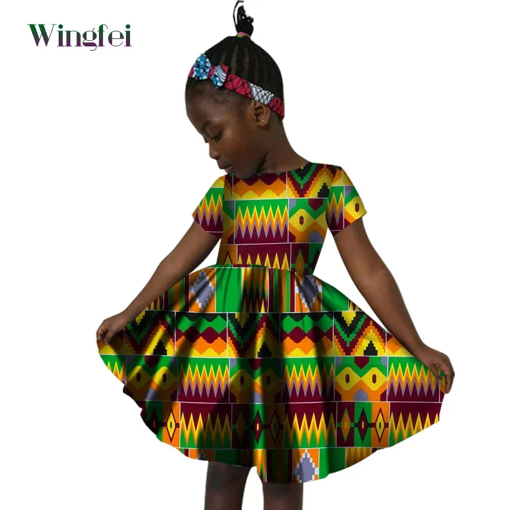 African Clothes for Children Ankara Print Kids Dashiki Dresss Short Sleeve Girl Dresses Casual Kid Attire Cotton WYT60