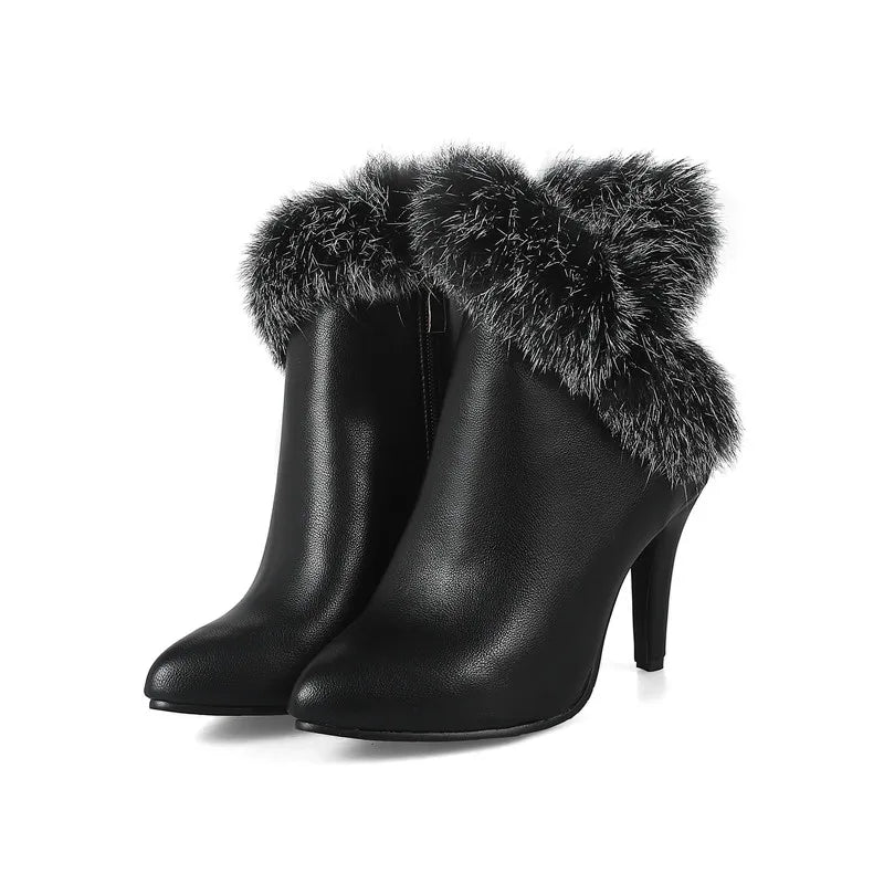 YMYECHIC Thin High Heel Ankle Boots Ladies Faux Fur Fringe Fashion Red White Black Party Wedding Shoes Women Booties Winter 2023