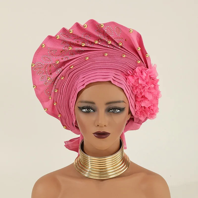 African Auto Gele Headtie Turban Cap for Women Hat Already Made 2025 Aso Oke Wedding Bonnet Head Wrap Bonnet Hijab Flower Beaded