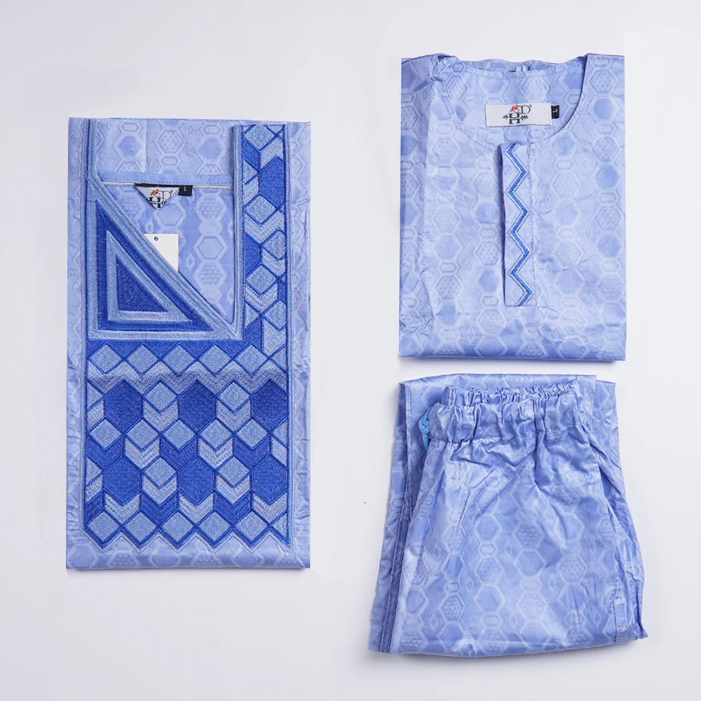 H&D New African Tradition Clothes For Kids Boys Blue Long Sleeve Tops Embroidery Dashiki Robe Shirt Pant Child Set 3 PCS
