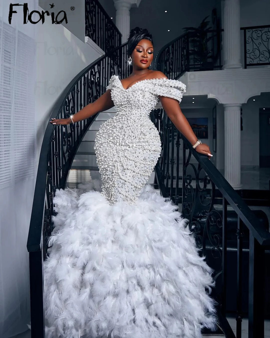Floria Luxury Mermaid Feathers Wedding Dresses Sparkly Crystals Bridal Gowns Plus Size Dubai Vestidos De Novia свадебное пл