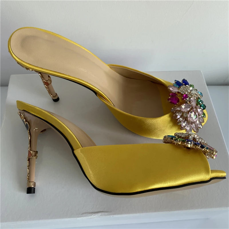 Novelty Petal Decor Stiletto Heel Sandals Women Luxury Satin Open Toe Slingbacks Colorful Rhinestone Flower Party Shoes Summer