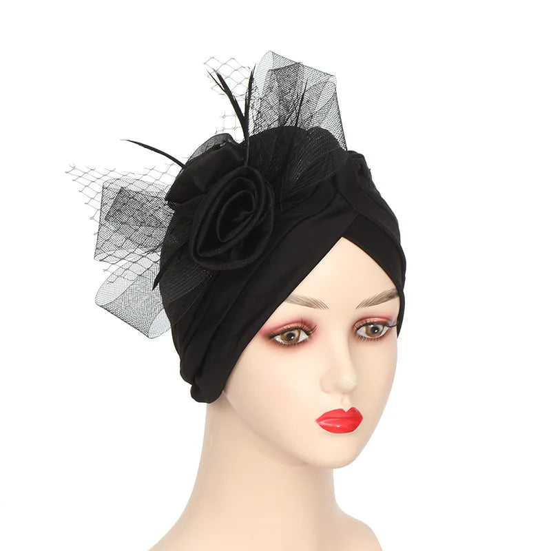 Big Flower Muslim Women Indain Hat Scarf Caps Chemo Turban Islamic Head Cover Party Evening Bonnet Pleated Vintage Elegant Hat