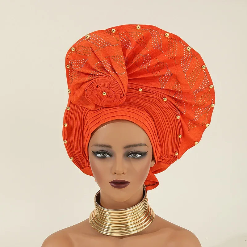 African Auto Gele Headtie Aso Oke Nigeria High Quality Bead Already Made Hijab Bonnet Headband Turban Cap Party Wedding Headgear