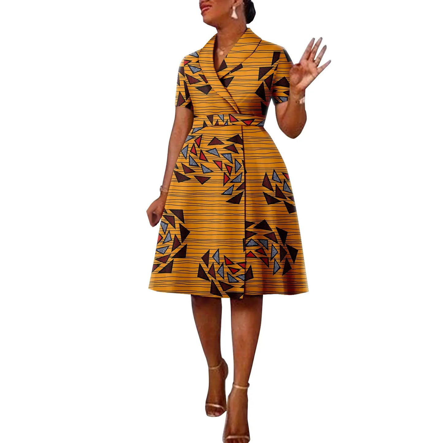 African Ankara Printed Casual Style Short Sleeve Women's Cotton Belt Lapel Padded Shoulder Suit Dress, A2225140