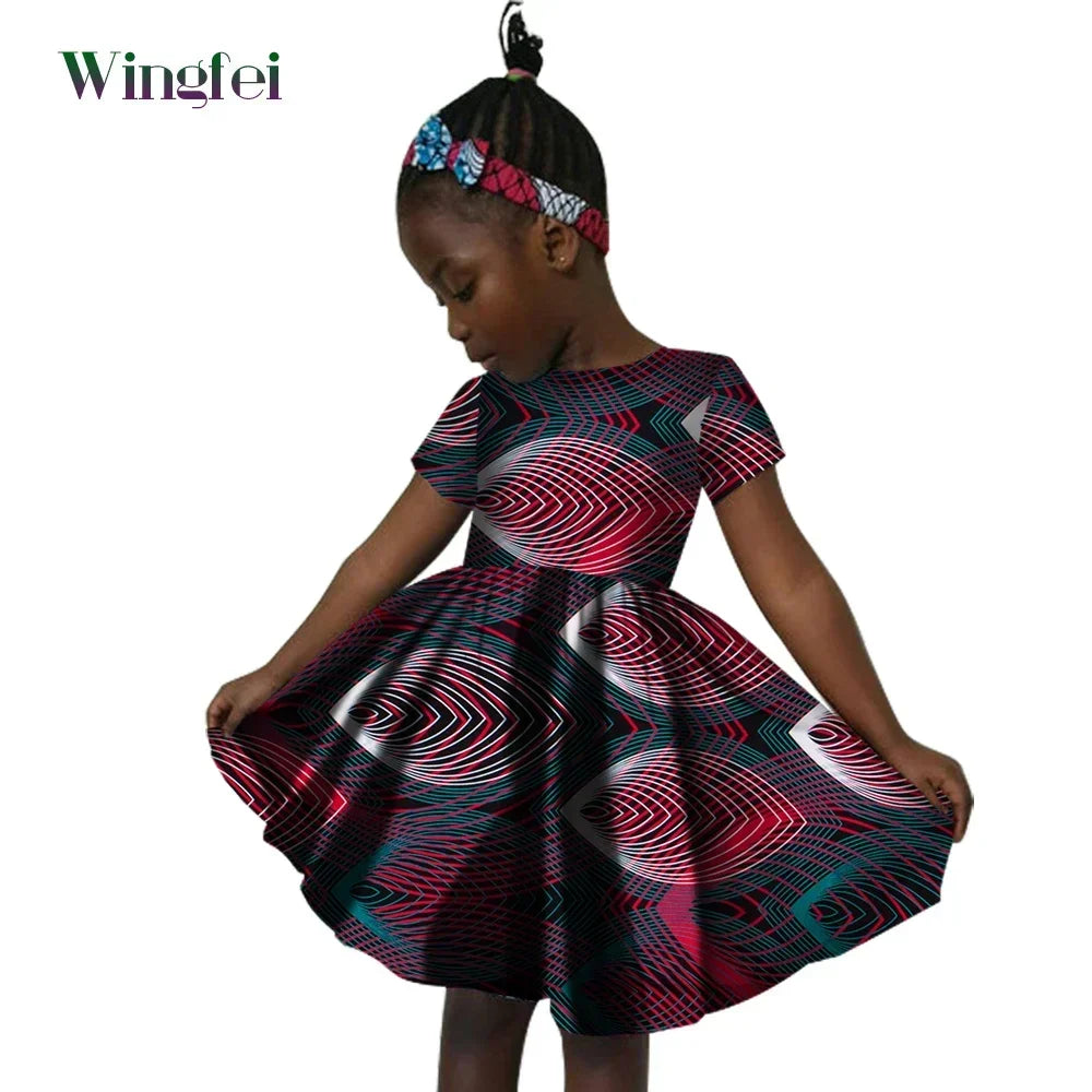 African Clothes for Children Ankara Print Kids Dashiki Dresss Short Sleeve Girl Dresses Casual Kid Attire Cotton WYT60