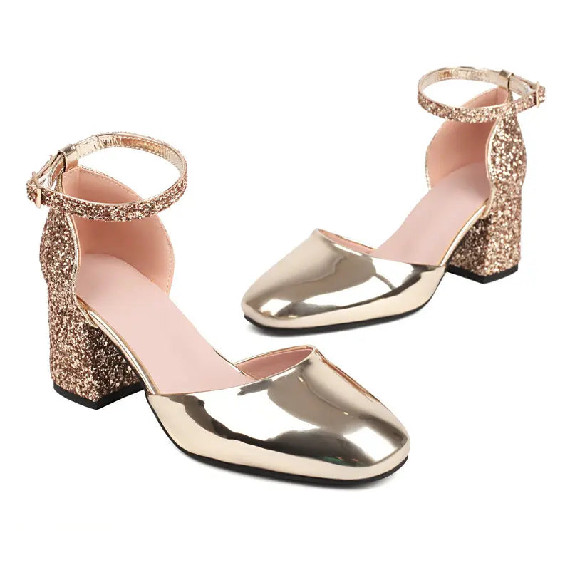 Gold Silver Glitter Sequined Bling Party Women's Bride Shoes Closed Toe Mary Janes Big Size 13 47 48 Chunky Square Heels Sandals