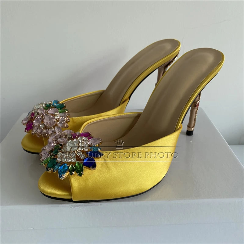 Novelty Petal Decor Stiletto Heel Sandals Women Luxury Satin Open Toe Slingbacks Colorful Rhinestone Flower Party Shoes Summer