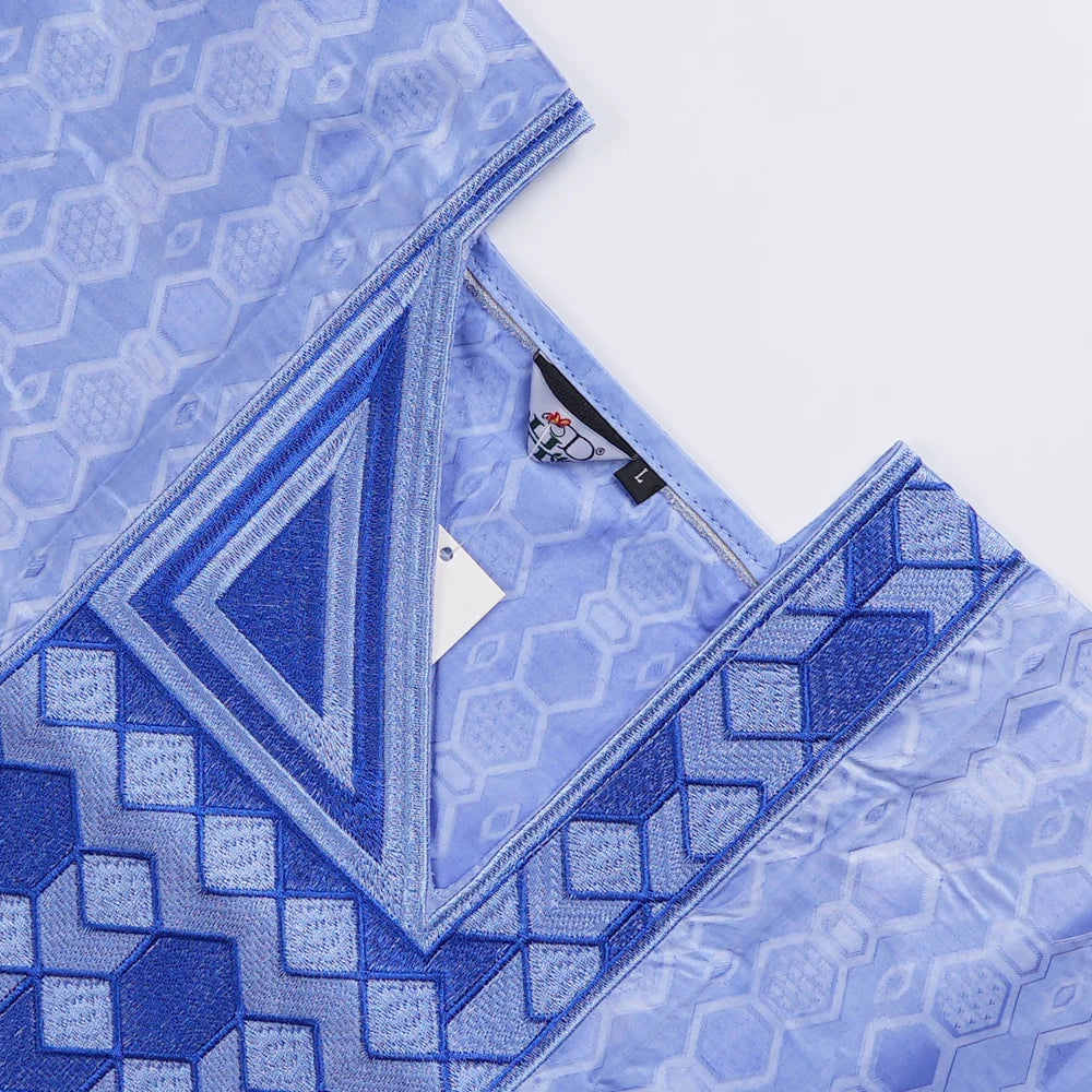 H&D New African Tradition Clothes For Kids Boys Blue Long Sleeve Tops Embroidery Dashiki Robe Shirt Pant Child Set 3 PCS