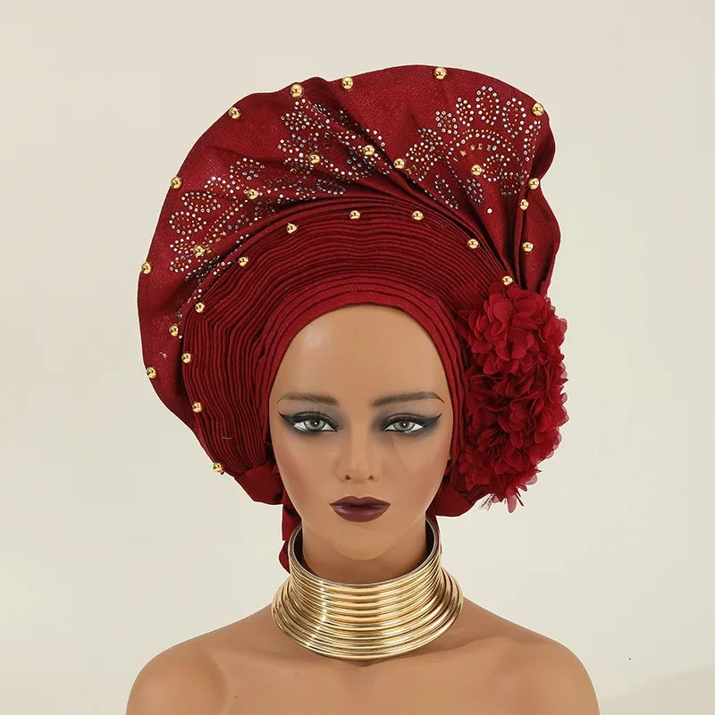 African Auto Gele Headtie Turban Cap for Women Hat Already Made 2025 Aso Oke Wedding Bonnet Head Wrap Bonnet Hijab Flower Beaded