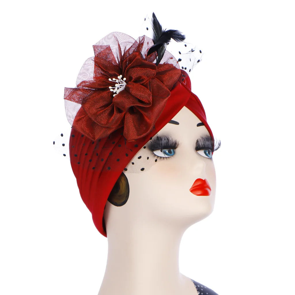 Big Flower Muslim Women Indain Hat Scarf Caps Chemo Turban Islamic Head Cover Party Evening Bonnet Pleated Vintage Elegant Hat