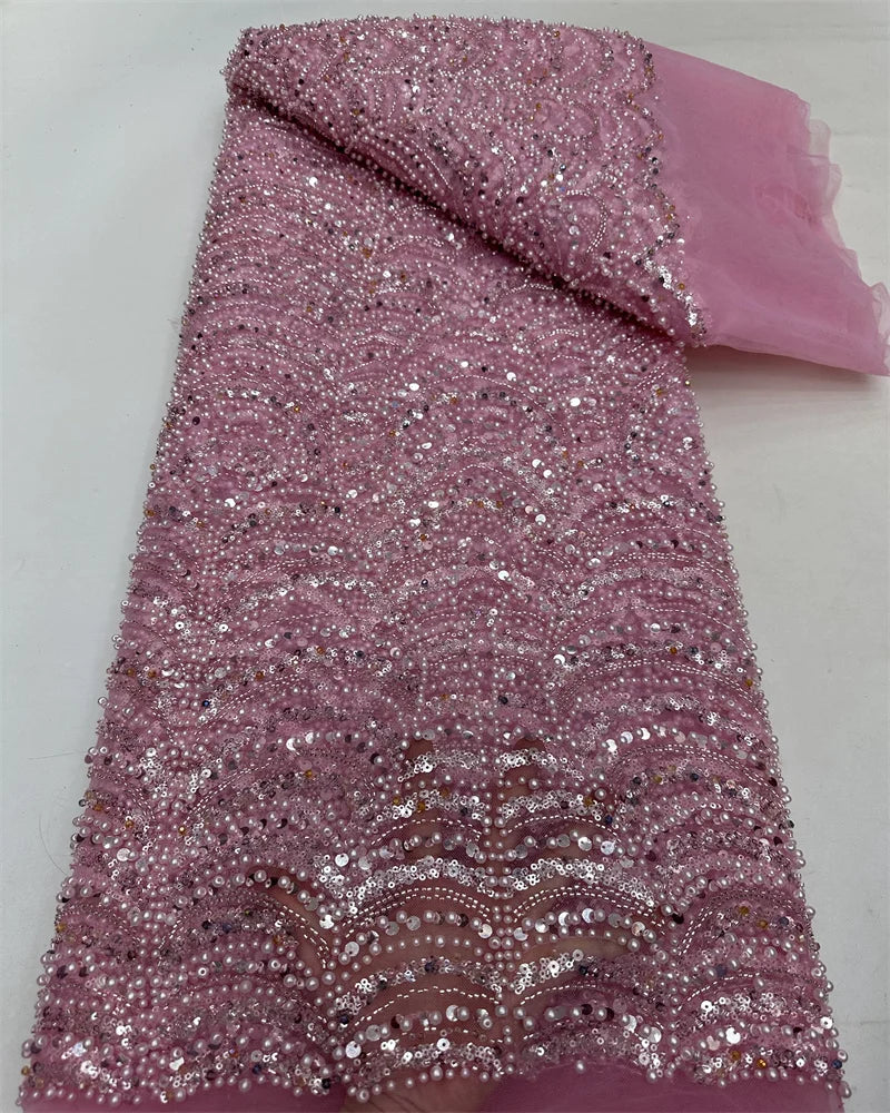 Latest Pink African Sequins Lace Fabric High Quality Lace Embroidery Beaded Mesh Fabric 5 Yards For Wedding Party Dress