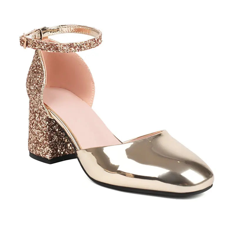 Gold Silver Glitter Sequined Bling Party Women's Bride Shoes Closed Toe Mary Janes Big Size 13 47 48 Chunky Square Heels Sandals