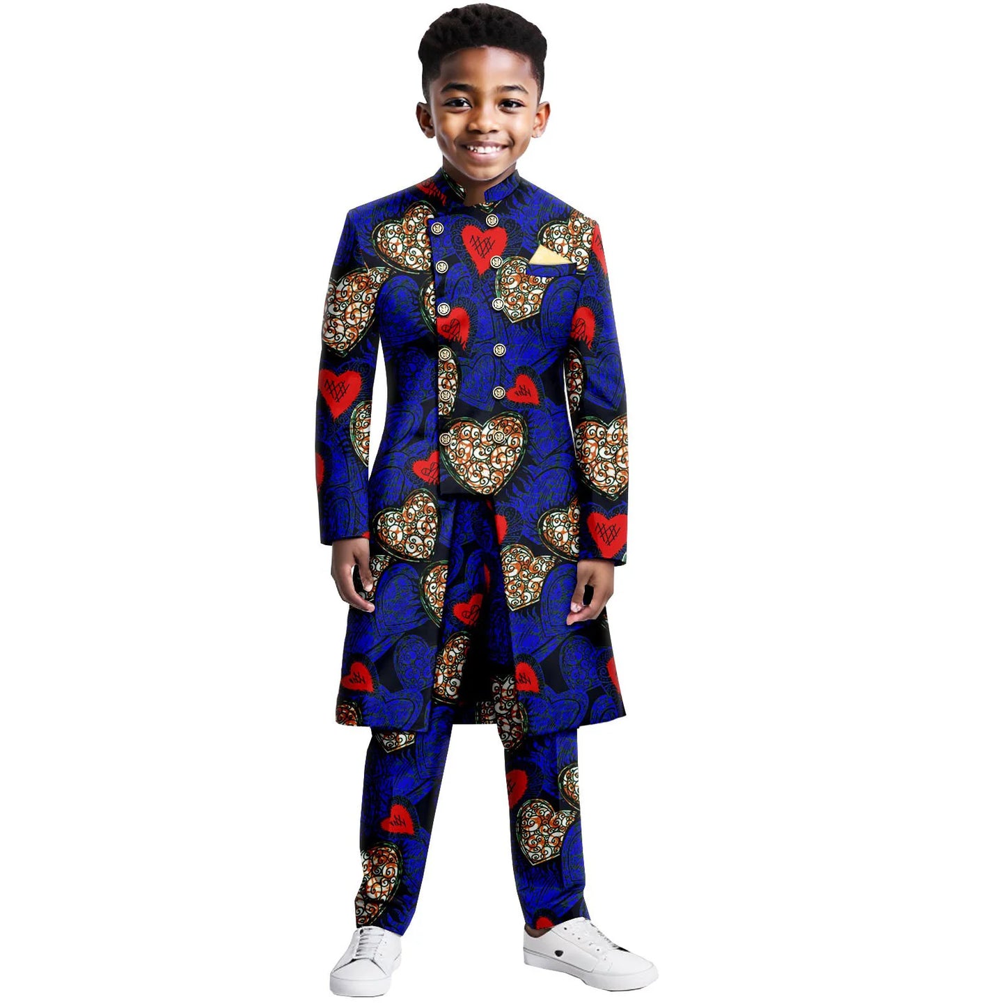 Boys Suits Wedding Tuxedo African Print Ankara Pure Cotton Jacket Pants 2 Piece Set Formal Party Fashion Dress Kids Blazer